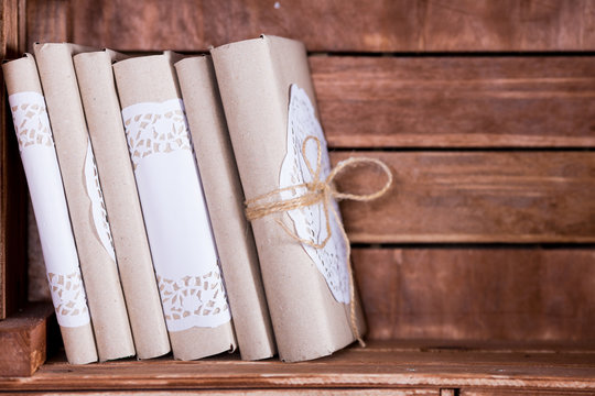 Wood Book Shelf With Vintage Books Heap