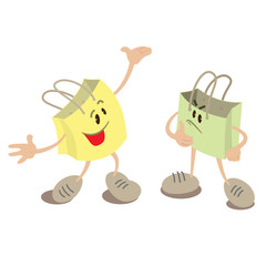 Shopping bag mascots talking to each other