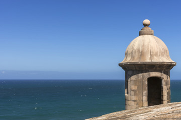 Fototapeta na wymiar Corner lookout tower at Castillo San Felipe del Morro.
