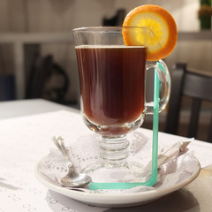 Hot mulled wine with orange slice
