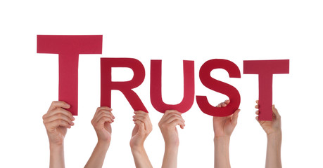 Many People Hands Holding Red Straight Word Trust