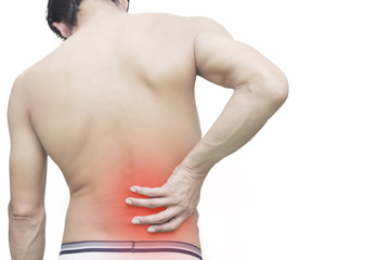 man with back pain, isolated in white background
