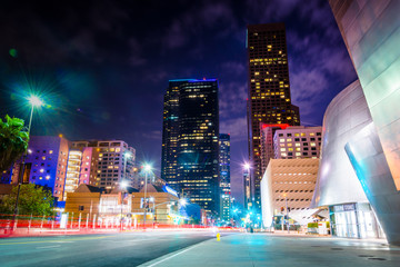 Buildings on Grand Avenue at night, in downtown Los Angeles, Cal