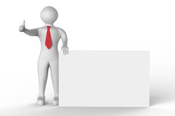 3D Business  man stays near blank banner