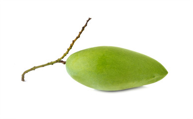 raw green mango with stem on white background