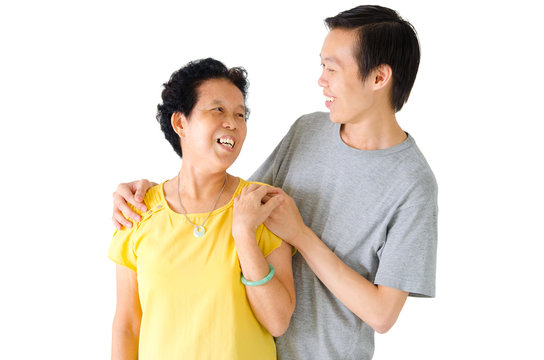 Asian senior woman and son