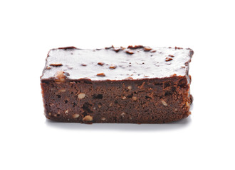 Brownie chocolate cake isolated on white.