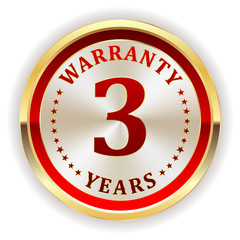 Gold three year warranty badge on white background