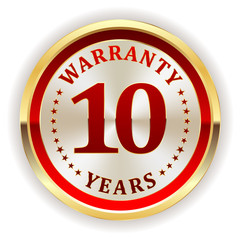 Gold ten year warranty badge on white background