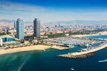  aerial view of Port Olimpic from helicopter. Barcelona