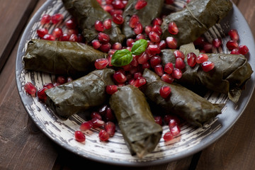 Close-up of vine leaves with meat and rice stuffing, studio shot