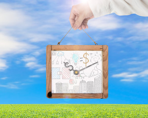 Hand holding whiteboard of dollar sign clock with sky grass
