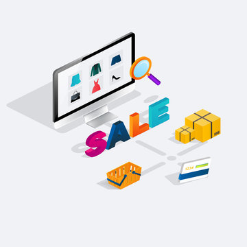 Flat 3d web isometric e-commerce sale, electronic business, onli
