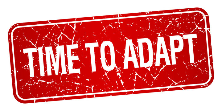 time to adapt red square grunge textured isolated stamp