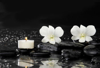 Fototapeta na wymiar Beautiful white orchid with candle and therapy stones 
