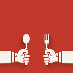 Menu red background. Hands with fork and spoon