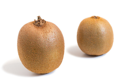 Closeup of two kiwifruits isolated on white background
