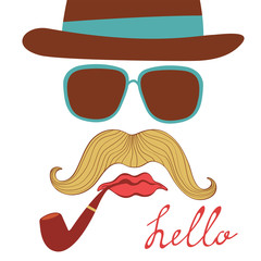 Hello card with colorful mustache party elements