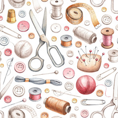 Seamless pattern with illustrations of sewing tools - obrazy, fototapety, plakaty
