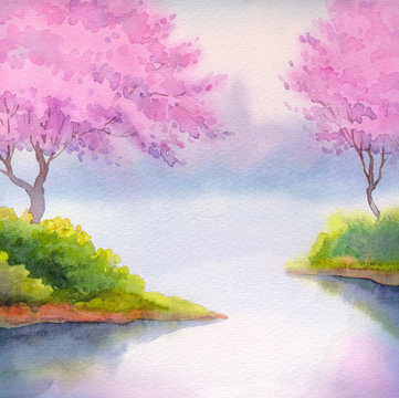 Spring landscape watercolor. Flowering trees over river