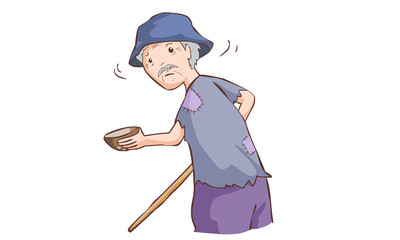 old beggar hold coconut shell and cane in ragged cloth vector