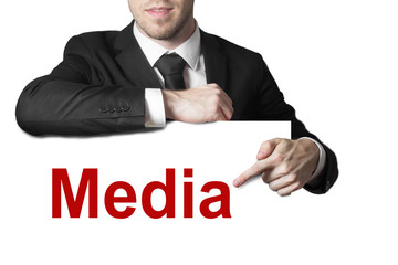 businessman pointing on sign media isolated