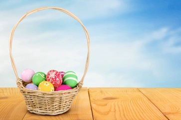 Brown. Easter eggs and basket isolated