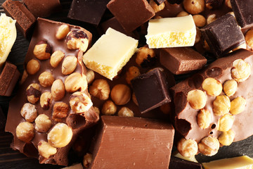Set of chocolate with hazelnut, closeup