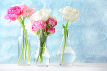 Beautiful spring flowers in glass vases on light blue