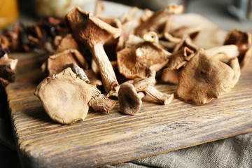 Dried mushrooms on cutting board, closeup