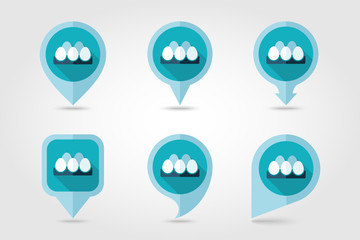 Chicken eggs in a tray flat mapping pin icon with long shadow