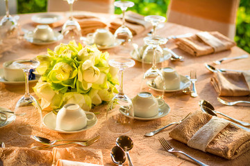 Dining table preparation in a luxury restaurant in vintage color