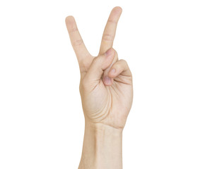 man's hand sign peace white background