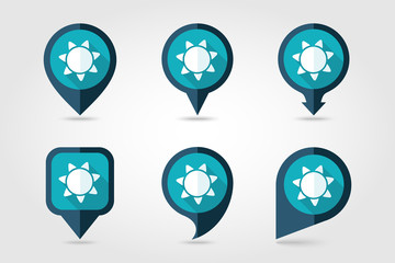 Sun flat mapping pin icon with long shadow