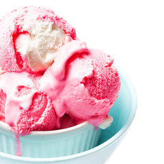 ice cream in blue bowl isolated on white background. Scoop of Wh