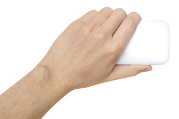white horizontal smartphone in man's hand white background