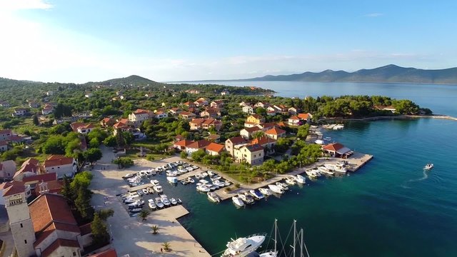 Aerial footage of small harbour