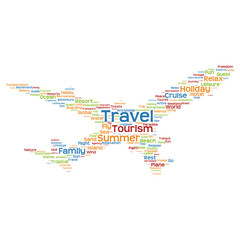 Vector conceptual travel or tourism plane word cloud