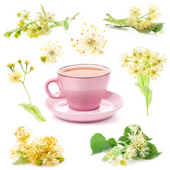 Pink cup of tea and Linden flowers isolated on white background