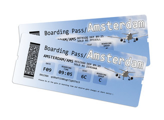 Two airline boarding pass tickets to Amsterdam isolated on white
