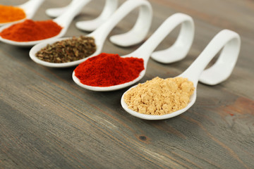 Different kinds of spices in spoons on wooden background