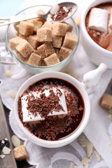 Hot chocolate with marshmallows in mug,