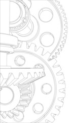 Wire-frame gears with bearings and shafts. Close-up. Vector