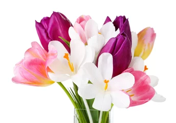 Zelfklevend Fotobehang Krokussen Fresh bouquet with tulips and crocus isolated on white