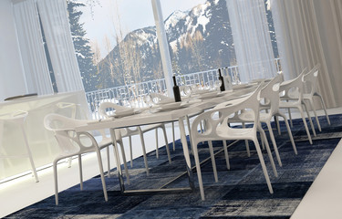 Modern Dining Room with Winter Mountain View