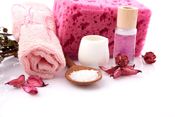 Composition of spa treatment on white background
