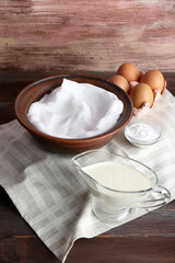 Whipped egg whites and other ingredients for cream