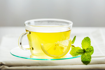Glass tea cup mint leaves.