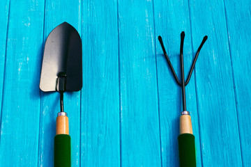Gardening tools on old wooden background