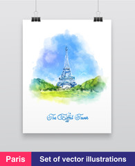 Watercolor vector illustration of The Eiffel Tower in Paris